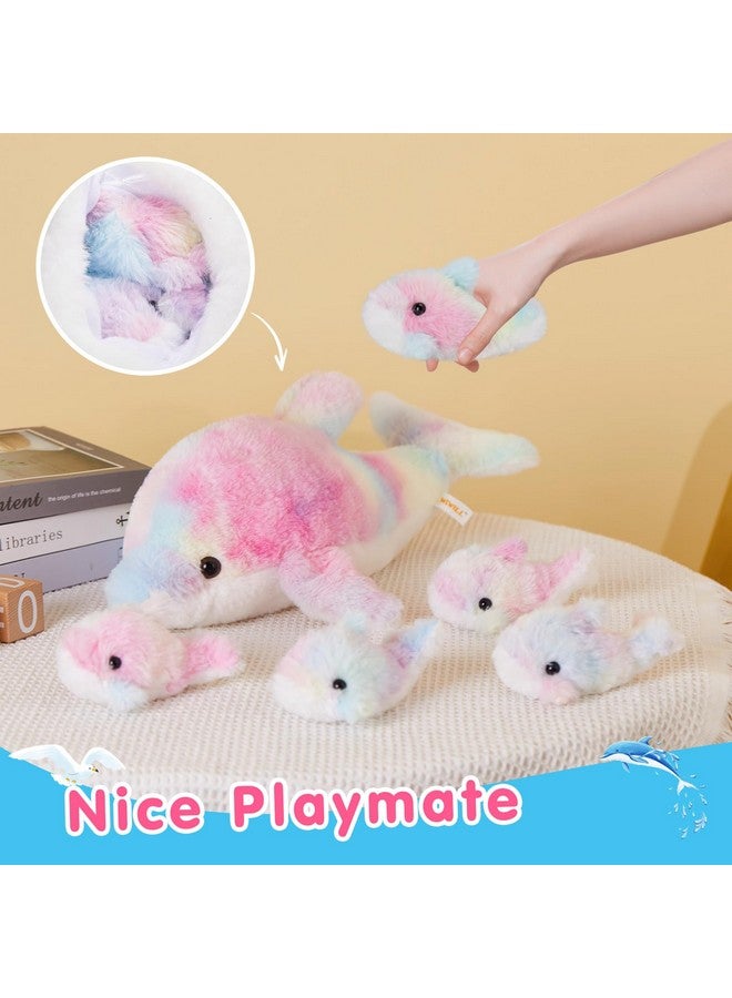 WEWILL 17-Inch Rainbow Dolphin Plush Toy With 4 Baby Dolphins | Soft & Cuddly Stuffed Family Set | Colorful Plush Gift for Kids - Image 4