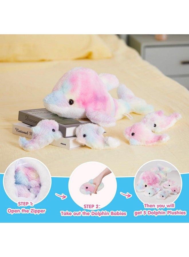 WEWILL 17-Inch Rainbow Dolphin Plush Toy With 4 Baby Dolphins | Soft & Cuddly Stuffed Family Set | Colorful Plush Gift for Kids - Image 3