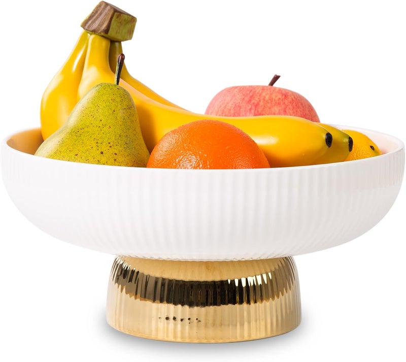 Magclay Ceramic Fruit Bowl with Pedestal10 Large Fruit Basket Decorative Fruit Bowl for Table Countertop Fruit and Vegetable Holder White with Golden Pedestal - Image 1