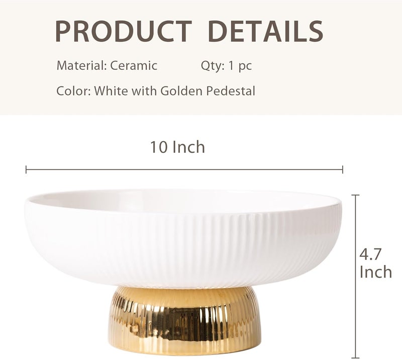 Magclay Ceramic Fruit Bowl with Pedestal10 Large Fruit Basket Decorative Fruit Bowl for Table Countertop Fruit and Vegetable Holder White with Golden Pedestal - Image 2