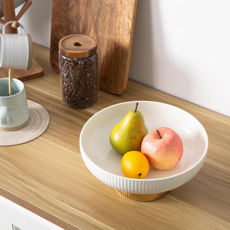 Magclay Ceramic Fruit Bowl with Pedestal10 Large Fruit Basket Decorative Fruit Bowl for Table Countertop Fruit and Vegetable Holder White with Golden Pedestal - Image 3
