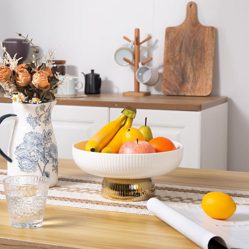 Magclay Ceramic Fruit Bowl with Pedestal10 Large Fruit Basket Decorative Fruit Bowl for Table Countertop Fruit and Vegetable Holder White with Golden Pedestal - Image 4