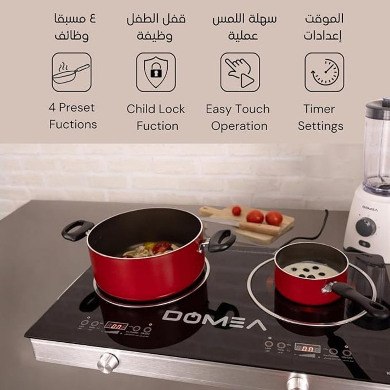 2-Burner Infrared Cooktop for kitchen use, A-Grade micro crystal panel, black, 3600W fast heating with LED display and 4 preset functions - Image 3