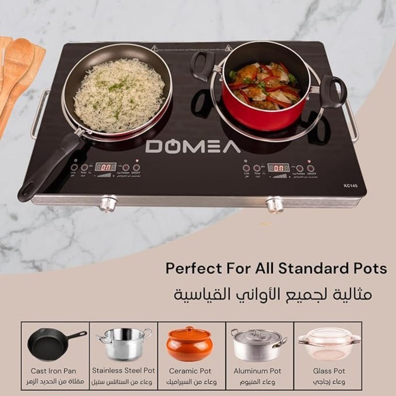 2-Burner Infrared Cooktop for kitchen use, A-Grade micro crystal panel, black, 3600W fast heating with LED display and 4 preset functions - Image 2