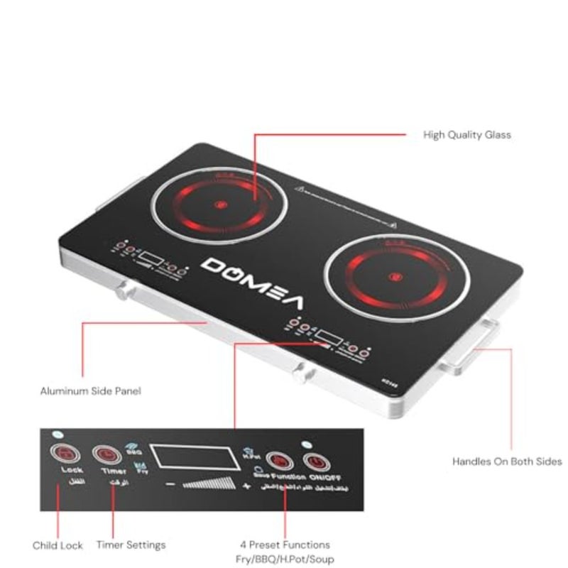 2-Burner Infrared Cooktop for kitchen use, A-Grade micro crystal panel, black, 3600W fast heating with LED display and 4 preset functions - Image 4