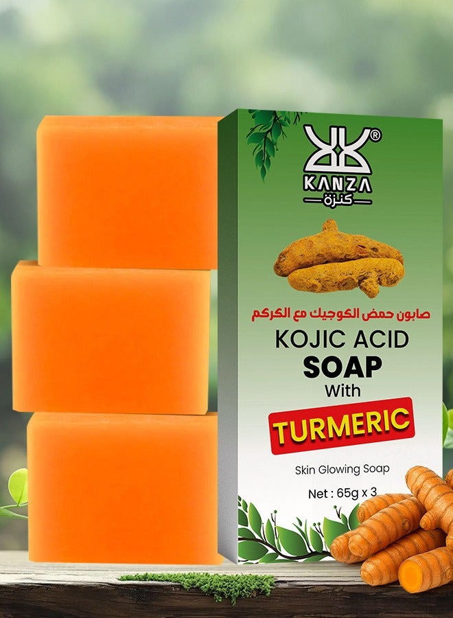 Kanza 3Pcs Turmeric Kojic Acid Soap Set for Face & Body Handmade Turmeric Kojic Acid Facial Soap for Acne Dark Spot Remover Face Cleansing Smooth Skin Moisturizing Soaps with Retinol & Collagen 3 x 65g - Image 1