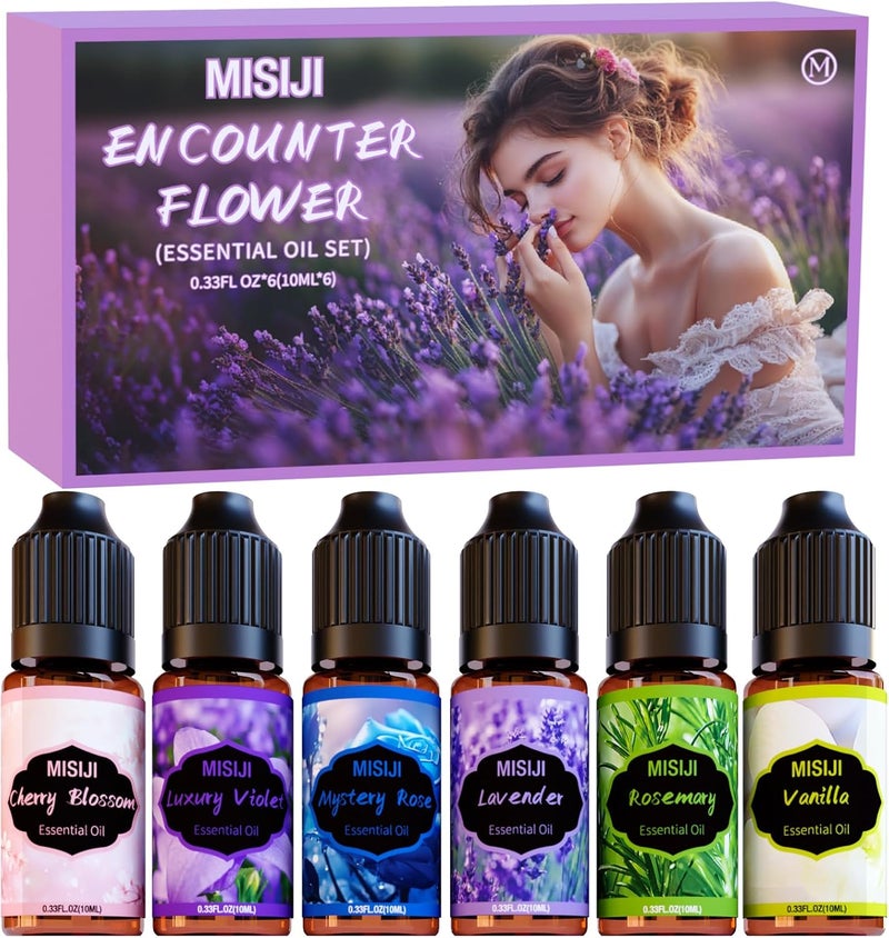 MISIJI Flower Essential Oils Set for Diffuser, Aromatherapy Fragrance Oil Gift Set, Fragrance Oils for Diffuser, Candle Making, Mestery Rose, Cherry Blossom, Luxury Violet, Rosemary, Vanilla, Lavender - Image 1
