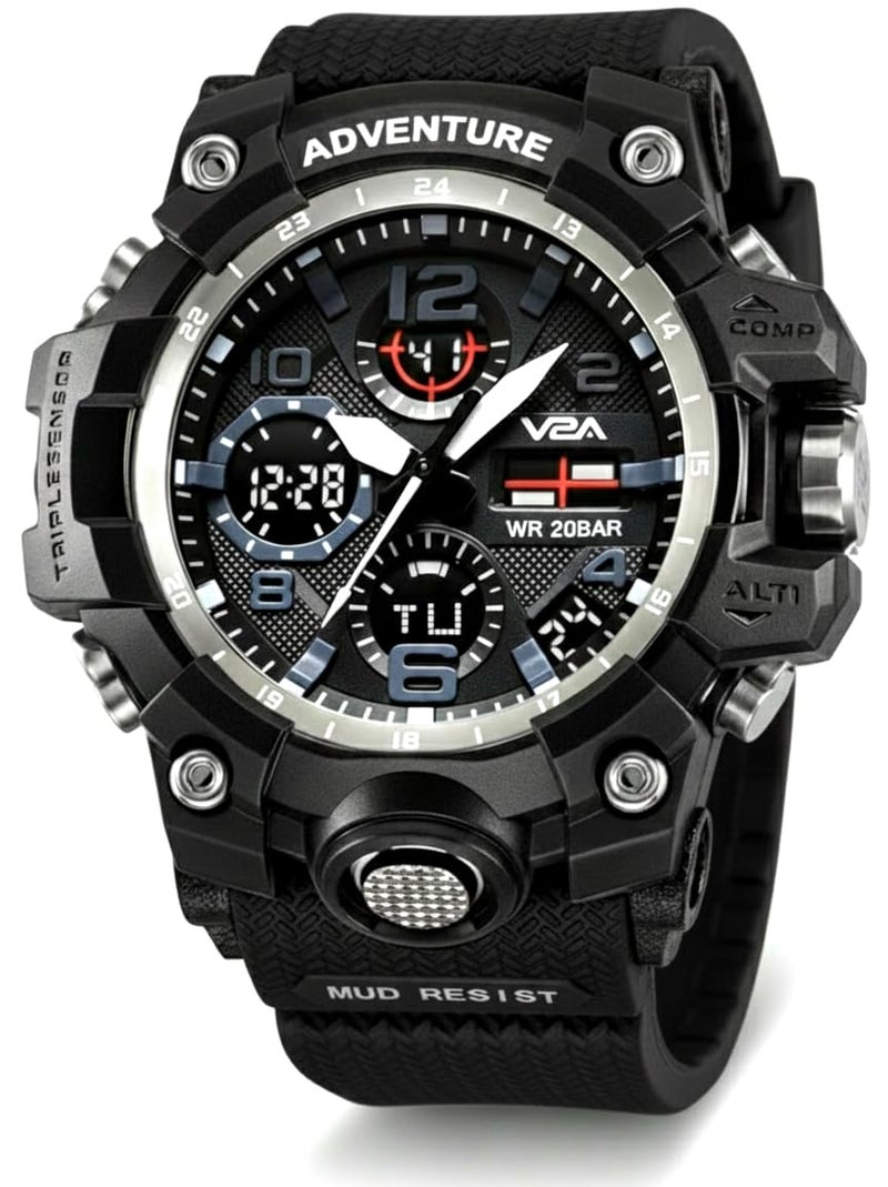 V2A Military Chronograph Analogue and Digital Sports Watch for Men and Boys, Black, Black Strap - Image 1