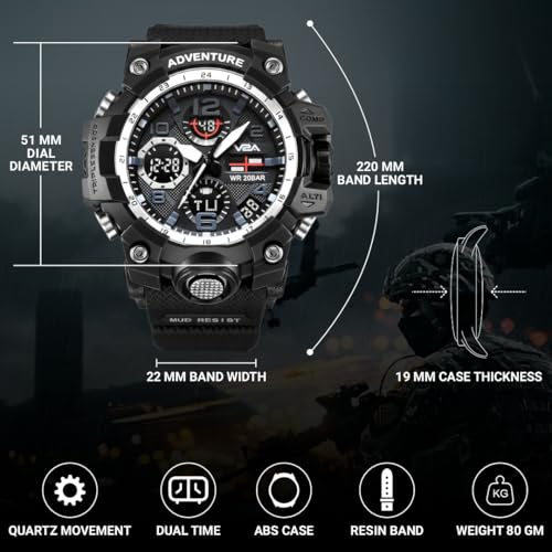 V2A Military Chronograph Analogue and Digital Sports Watch for Men and Boys, Black, Black Strap - Image 2