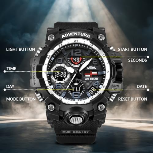 V2A Military Chronograph Analogue and Digital Sports Watch for Men and Boys, Black, Black Strap - Image 3