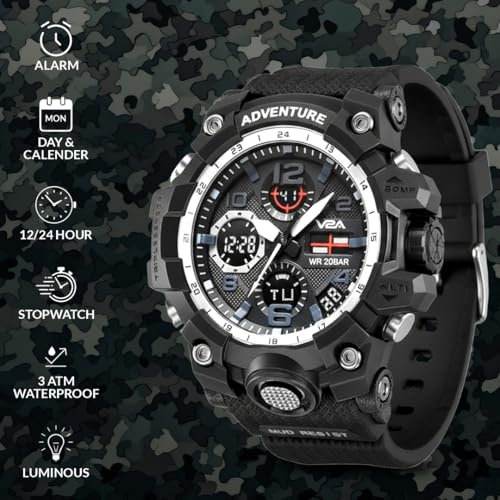V2A Military Chronograph Analogue and Digital Sports Watch for Men and Boys, Black, Black Strap - Image 4