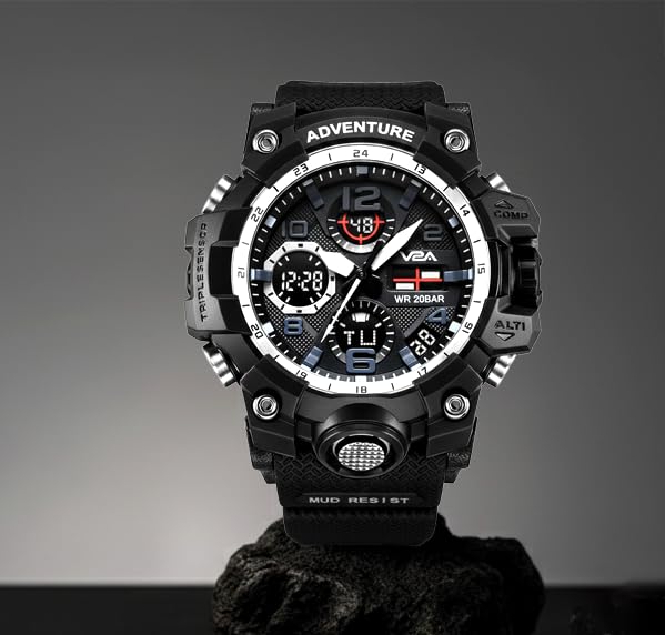 V2A Military Chronograph Analogue and Digital Sports Watch for Men and Boys, Black, Black Strap - Image 5