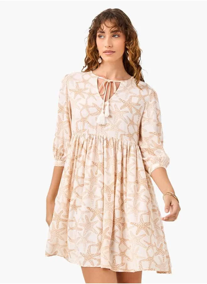FAV Printed Coverup Dress with Tie-Up Neck and 3/4 Sleeves
