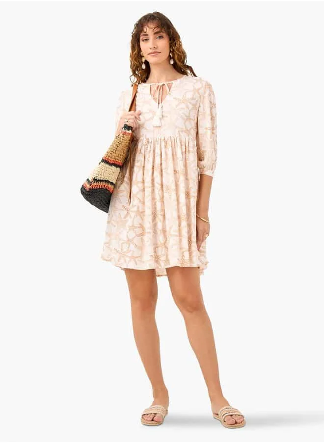 FAV Printed Coverup Dress with Tie-Up Neck and 3/4 Sleeves