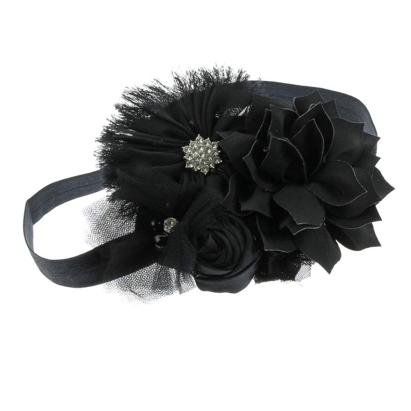 My Lello Headband Shabby Fabric Flower Cluster Baby - Infant - Toddler - Girl Stretchy Elastic Black - Image 1