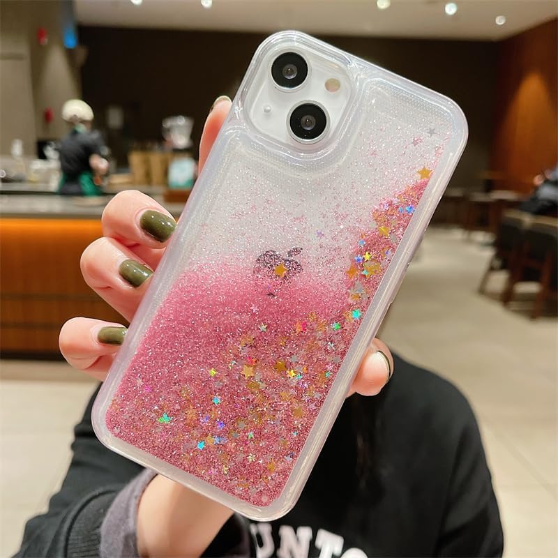 PANDACAMEL غطاء هاتف وردي لامع مع بريق، متوافق مع iPhone 13 Pro، رمال متحركة عائمة شفافة وجميلة، شفاف، مقاوم للخدش، مقاوم للاصفرار، مصمم للنساء والفتيات والمراهقات. - Image 3