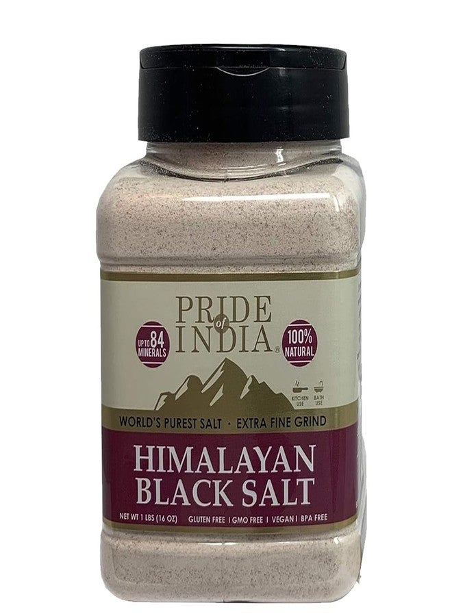 Pride Of India - Himalayan Black Salt (Kala Namak) Extra Fine, 1 Pound (16oz) Dual Sifter Jar - 84+ Natural Mineral Enriched - Great for Vegan Tofu Scrambles - Natural Faux Egg Flavor - Egg replacment - Image 1