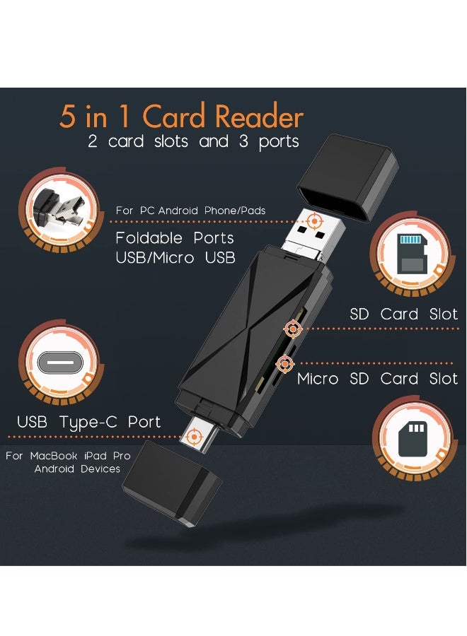 قارئ بطاقة SD 5 في 1 لكافة أجهزة Android USB C و USB 2.0 محول Micro SD إلى USB قارئ بطاقات الذاكرة المحمولة للكمبيوتر والهاتف والأجهزة اللوحية أسود 2 عبوة