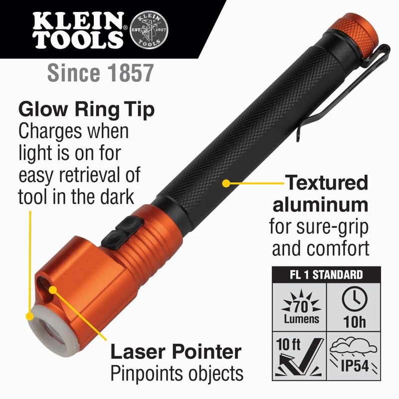 Klein Tools 56026R Flashlight and Inspection Penlight with Class 3R Red Laser Pointer, Glow-in-Dark, LED, Great for Jobsite, Outdoor, Emergency - Image 2