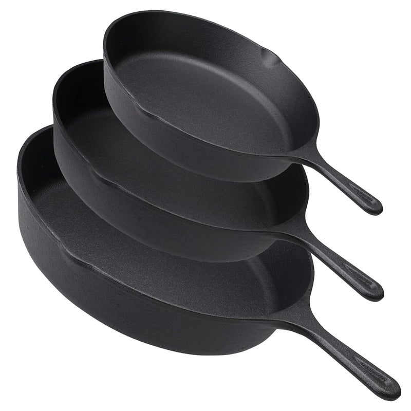 Kuber Industries Kuber Industries (Set of 3) 6", 8" & 10" Non-Stick Cast Iron Frying Pan with Handle | Induction Pan for Omelettes & Fish Cooking & Tadka | Compatiable for GasStove & Industion | Black  - Image 2