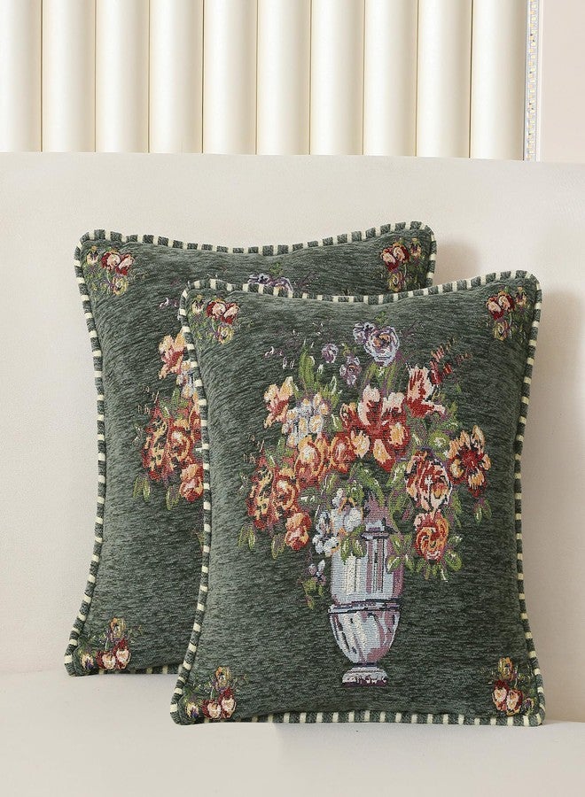 Qupace Set of 2 Vintage Green Throw Pillow Covers for Sofa, Cushion Headboard Pillow Covers,Floral Embroidered Cushion Cover for Living Room，Bedroom,Chair - Image 1