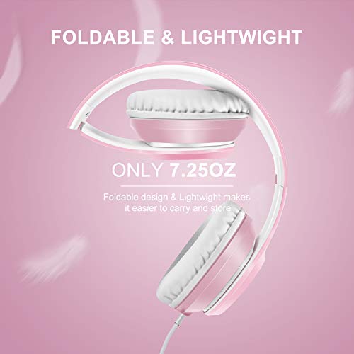 LORELEI X8 Over-Ear Wired Headphones with Microphone with 1.45m-Tangle-Free Nylon Line&3.5mm Plug,Lightweight Foldable & Portable Headphones for Smartphone,Tablet,Computer,Mp3/4（Pearl Pink） - Image 4