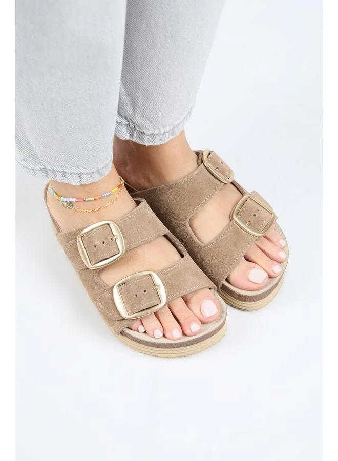 Manijero  Selina Women's Genuine Leather Double Buckle Mink - Gold Slippers - Brown for Women | Best Price UAE