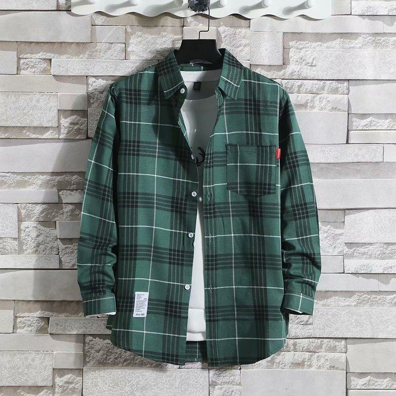2023 fleece-lined thick thermal shirt mens plaid casual shirt brushed youth Korean-style slim-fit fleece shirt 9970 Green [regular]]