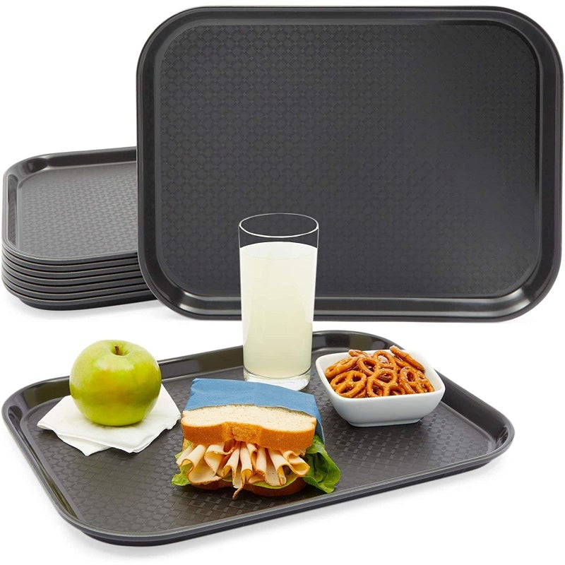 Okuna Outpost Nonslip 8 Pack Black Plastic Serving Trays for School Lunch Cafeteria Fast Food or Restaurant  12 x 16 Inch