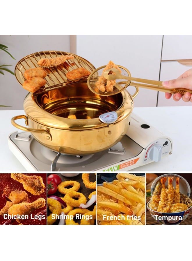 BOOTLION Stainless Steel Deep Fryer for Home, 115Oz Tempura Fryer Pot w/Thermometer and Oil Drip Rack Lid, Japanese Style Deep Frying Pan w/Strainer Clip, for Tempura chips, Fish, and Chicken (Rainbow Color) - Image 2