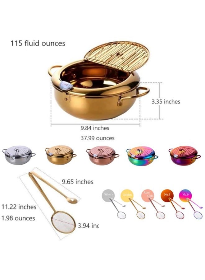 BOOTLION Stainless Steel Deep Fryer for Home, 115Oz Tempura Fryer Pot w/Thermometer and Oil Drip Rack Lid, Japanese Style Deep Frying Pan w/Strainer Clip, for Tempura chips, Fish, and Chicken (Rainbow Color) - Image 3