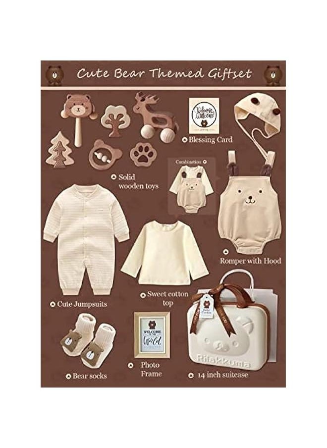 Gonice - Baby Giftset for New born with Rompers and Wooden toys in cute suitcase in Bear theme for Girls and Boys 15 in 1 - Image 1