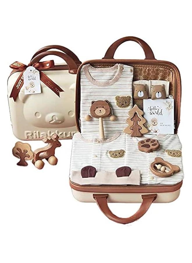 Gonice - Baby Giftset for New born with Rompers and Wooden toys in cute suitcase in Bear theme for Girls and Boys 15 in 1 - Image 1