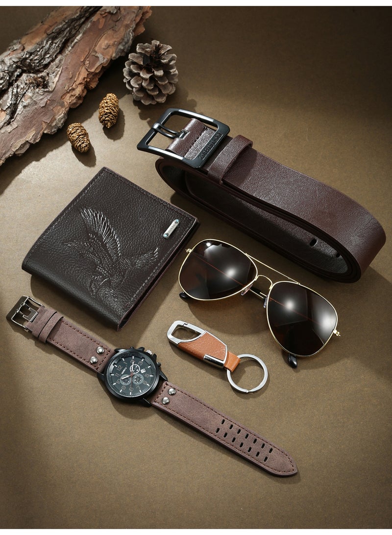 مجموعة هدايا ساعة رجالية عصرية رياضية وأنيقة مثالية للرجال، تأتي مع محفظة وحزام ومشبك مفاتيح ونظارة شمسية، مجموعة الهدايا المثالية لأصدقائك وأخوتك وحبيبك. - Image 2