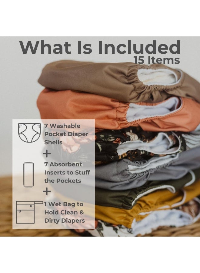 Nora's Nursery Cloth Diapers 7 Pack with 7 Inserts & 1 Wet Bag - Waterproof Cover, Washable, Reusable & One Size Adjustable Pocket Diapers for Newborns and Toddlers - Image 2