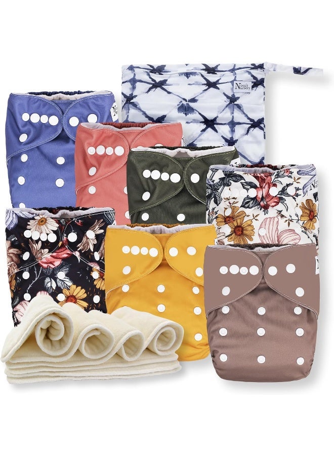 Nora's Nursery Cloth Diapers 7 Pack with 7 Inserts & 1 Wet Bag - Waterproof Cover, Washable, Reusable & One Size Adjustable Pocket Diapers for Newborns and Toddlers - Image 1