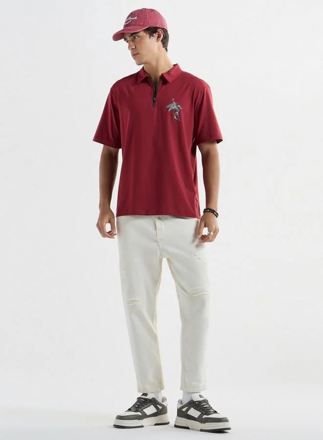 Splash FAV Typographic Print Polo T-shirt with Short Sleeves and Zip Closure