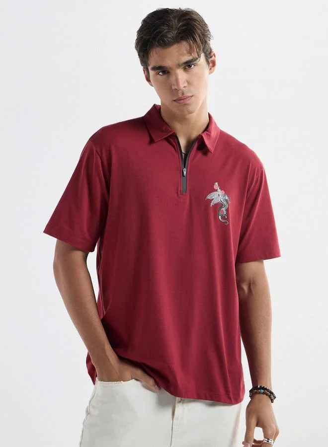 Splash FAV Typographic Print Polo T-shirt with Short Sleeves and Zip Closure