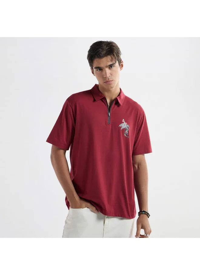 FAV Typographic Print Polo T-shirt with Short Sleeves and Zip Closure