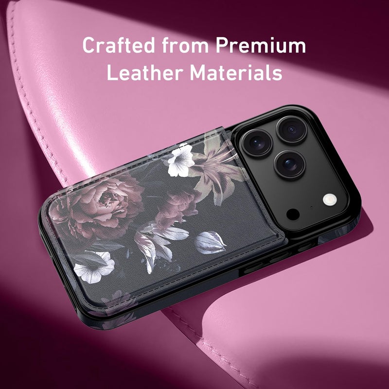 LETO for iPhone 17 Pro Wallet Case with Card Holder - Flip Folio Leather Kickstand - Fashionable Flower Designs - Shockproof Protective Phone Cover for Women and Girls - Wine RED Flowers - Image 4