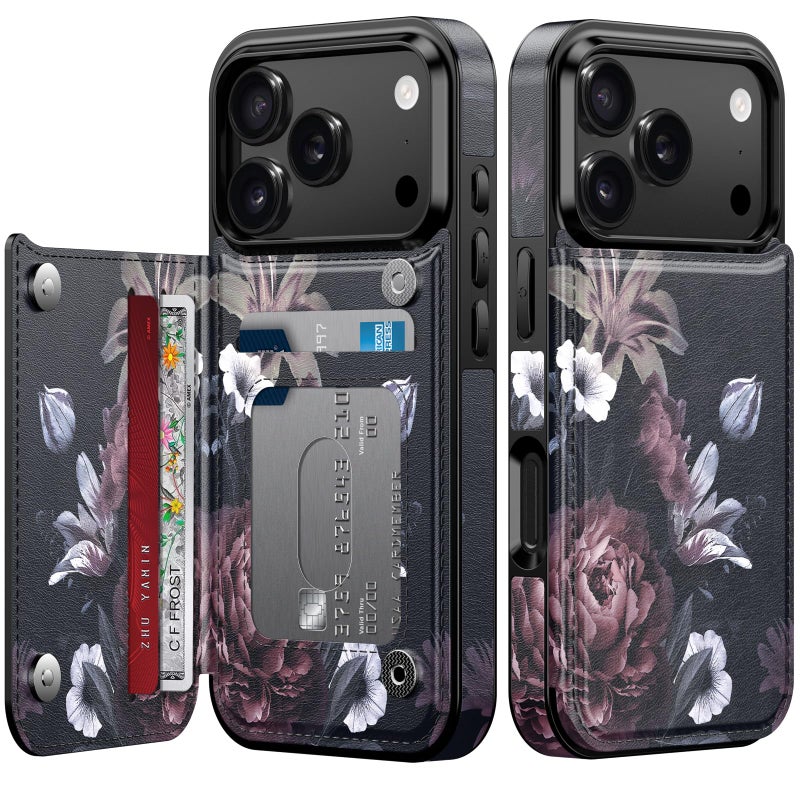 LETO for iPhone 17 Pro Wallet Case with Card Holder - Flip Folio Leather Kickstand - Fashionable Flower Designs - Shockproof Protective Phone Cover for Women and Girls - Wine RED Flowers - Image 1