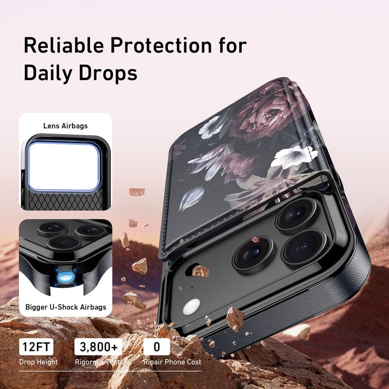 LETO for iPhone 17 Pro Wallet Case with Card Holder - Flip Folio Leather Kickstand - Fashionable Flower Designs - Shockproof Protective Phone Cover for Women and Girls - Wine RED Flowers - Image 5