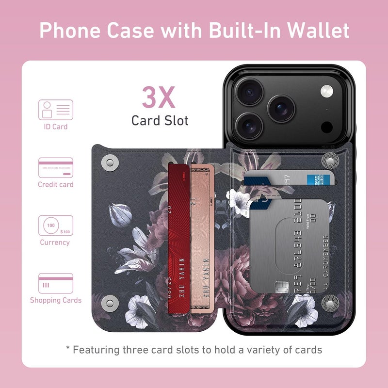 LETO for iPhone 17 Pro Wallet Case with Card Holder - Flip Folio Leather Kickstand - Fashionable Flower Designs - Shockproof Protective Phone Cover for Women and Girls - Wine RED Flowers - Image 2