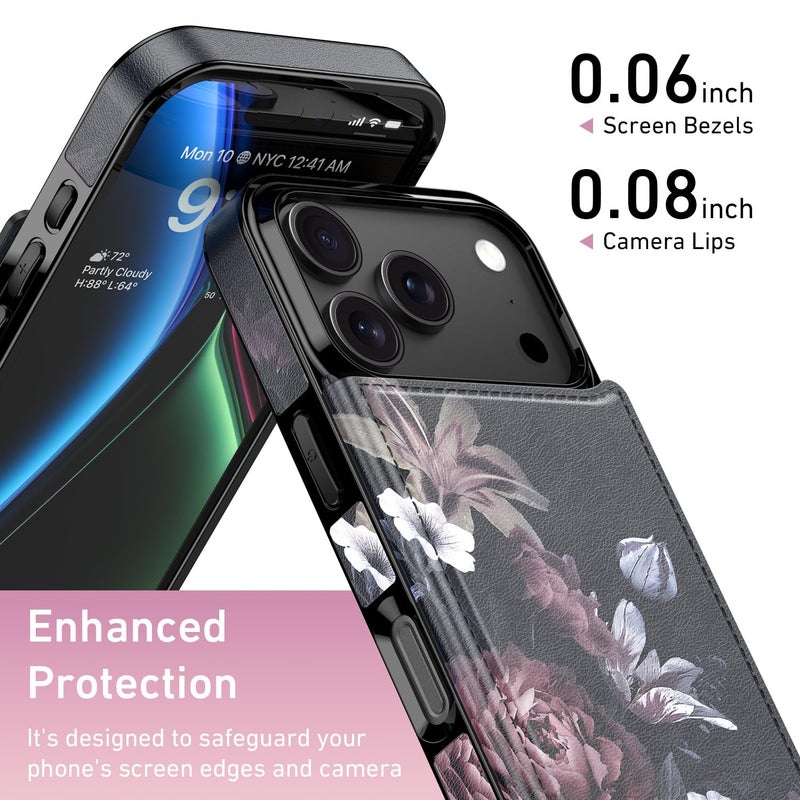 LETO for iPhone 17 Pro Wallet Case with Card Holder - Flip Folio Leather Kickstand - Fashionable Flower Designs - Shockproof Protective Phone Cover for Women and Girls - Wine RED Flowers - Image 3