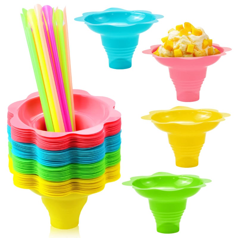 Oomcu 50 PCS Colorful Flower Snow Cone Cups with 50 PCS Cone Spoon StrawsSmall Reusable Plastic Shaved Ice Drip Cups Snack Ice Cream Bowls for Holiday Party Birthday 4OZ