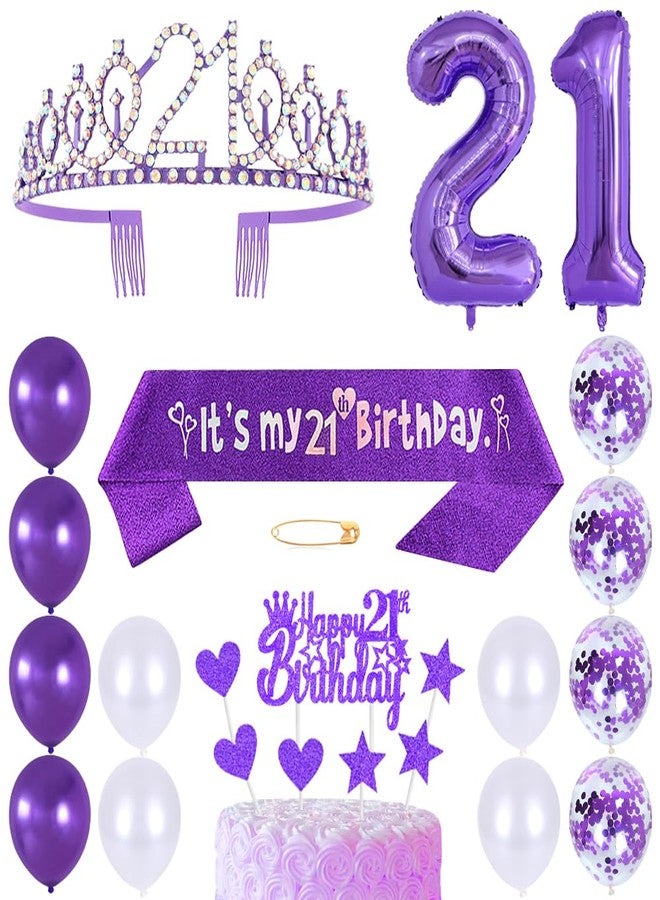 Huture Princess Crown Queen Tiara Rhinestone Headbands Cake Toppers Number 21 Helium Balloons Purple Latex Balloon Decoration for Women's 21st Birthday Party Supplies - Image 1