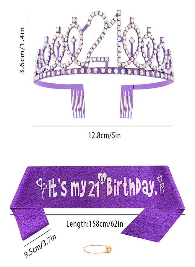 Huture Princess Crown Queen Tiara Rhinestone Headbands Cake Toppers Number 21 Helium Balloons Purple Latex Balloon Decoration for Women's 21st Birthday Party Supplies - Image 2
