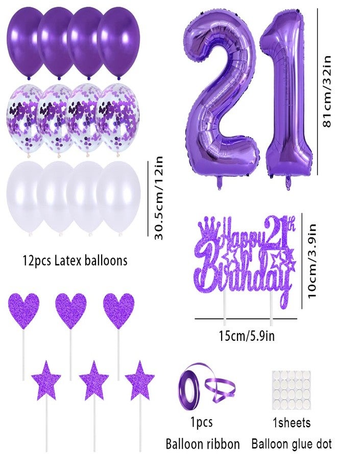 Huture Princess Crown Queen Tiara Rhinestone Headbands Cake Toppers Number 21 Helium Balloons Purple Latex Balloon Decoration for Women's 21st Birthday Party Supplies - Image 3