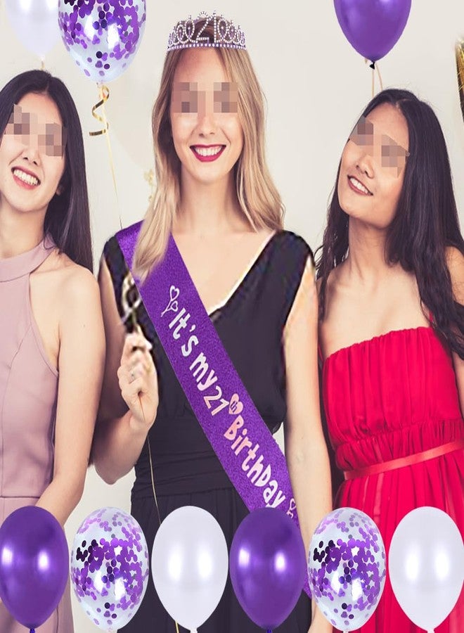 Huture Princess Crown Queen Tiara Rhinestone Headbands Cake Toppers Number 21 Helium Balloons Purple Latex Balloon Decoration for Women's 21st Birthday Party Supplies - Image 5