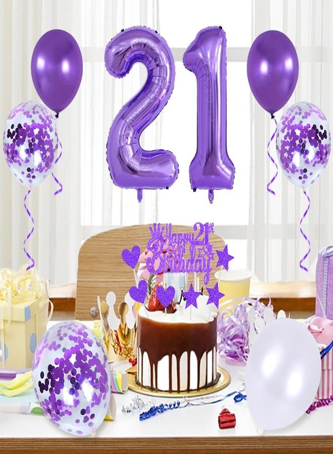 Huture Princess Crown Queen Tiara Rhinestone Headbands Cake Toppers Number 21 Helium Balloons Purple Latex Balloon Decoration for Women's 21st Birthday Party Supplies - Image 4
